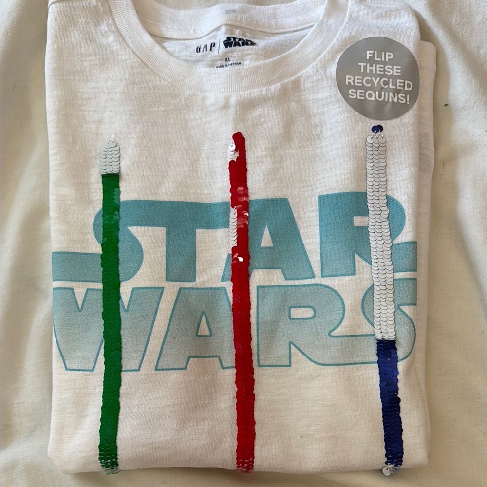 Star Wars White Tee with Green, Red & Blue Sequin Lightsabers